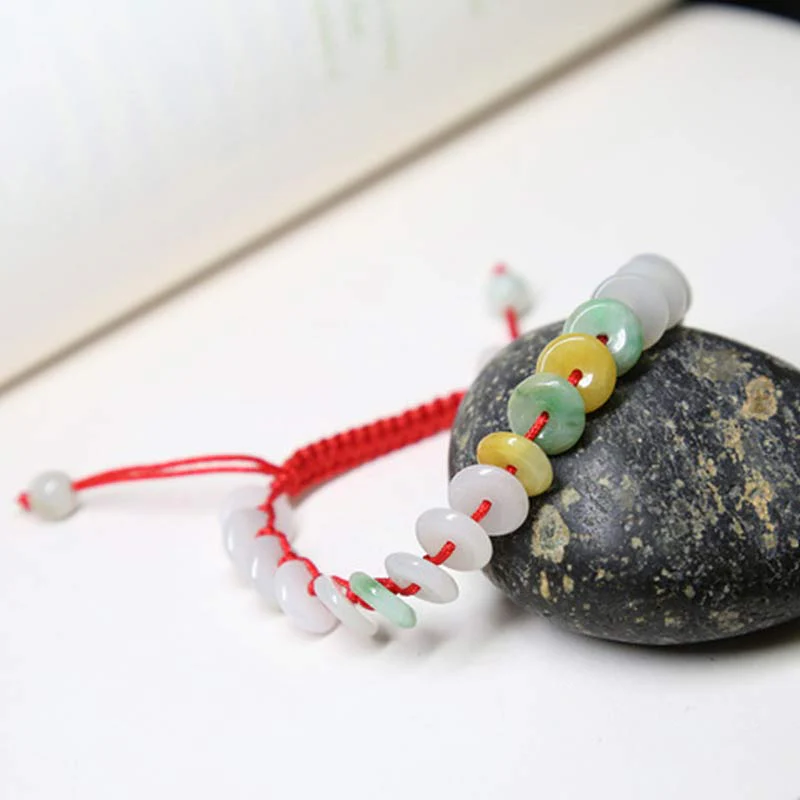 Braccialetto intrecciato con corda rossa portafortuna in giada rotonda Buddha Stones - Image 7
