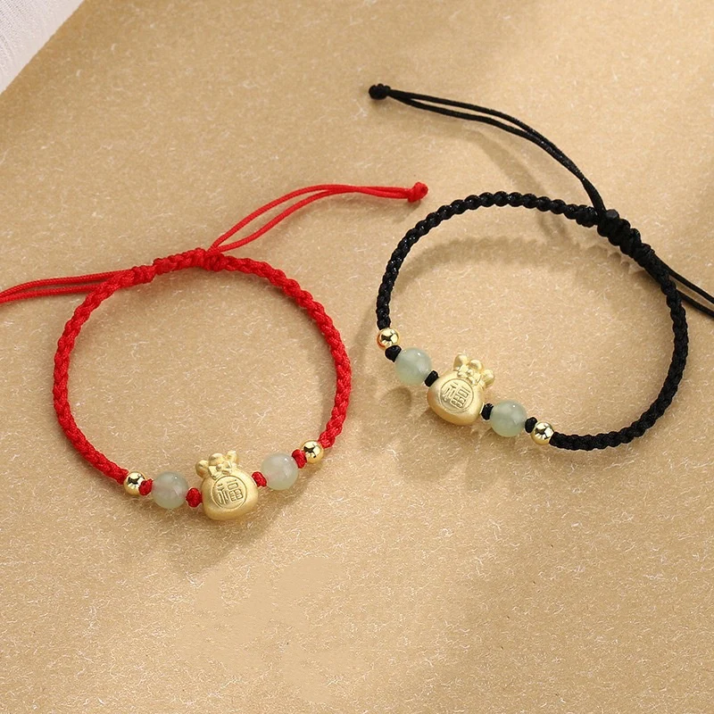 Braccialetto intrecciato con perline di giada, carattere Fu, borsa porta soldi fortunata Buddha Stones
