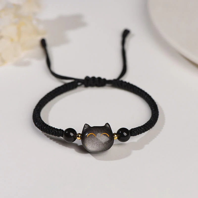 Braccialetto intrecciato con protezione per gatti carino, in ossidiana lucida d'argento naturale fatto a mano, al quarzo fragola, Buddha Stones