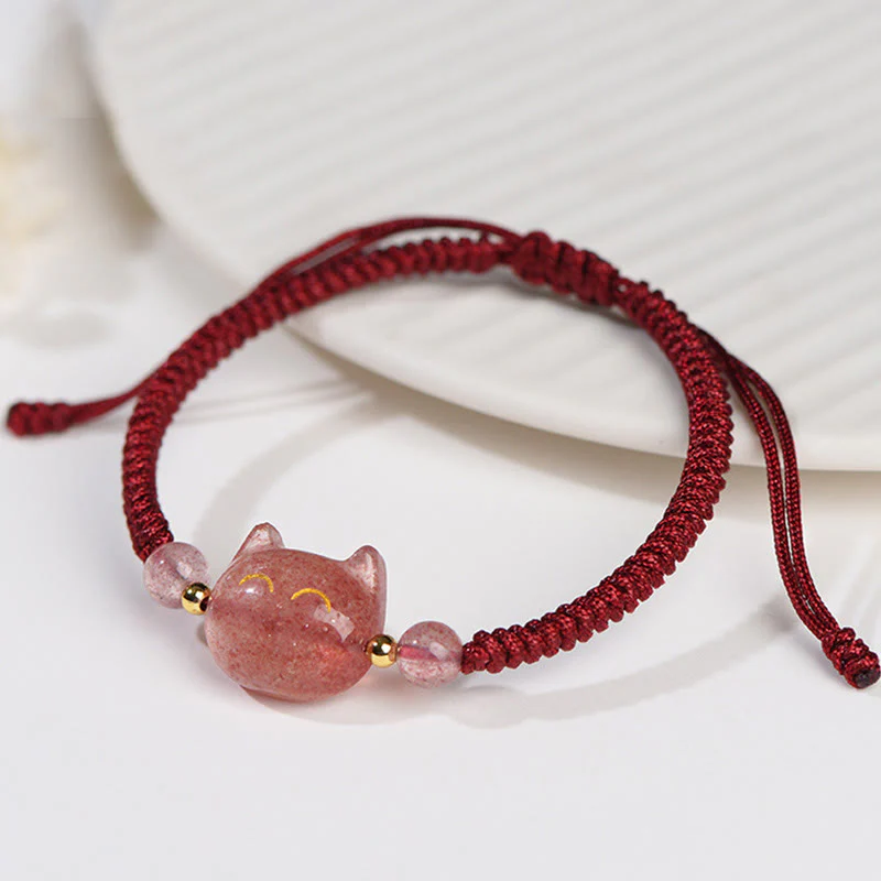 Braccialetto intrecciato con protezione per gatti carino, in ossidiana lucida d'argento naturale fatto a mano, al quarzo fragola, Buddha Stones - Image 10