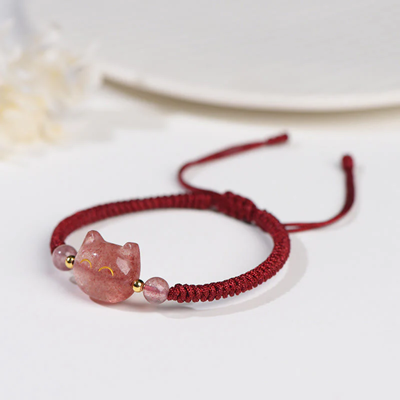 Braccialetto intrecciato con protezione per gatti carino, in ossidiana lucida d'argento naturale fatto a mano, al quarzo fragola, Buddha Stones - Image 11