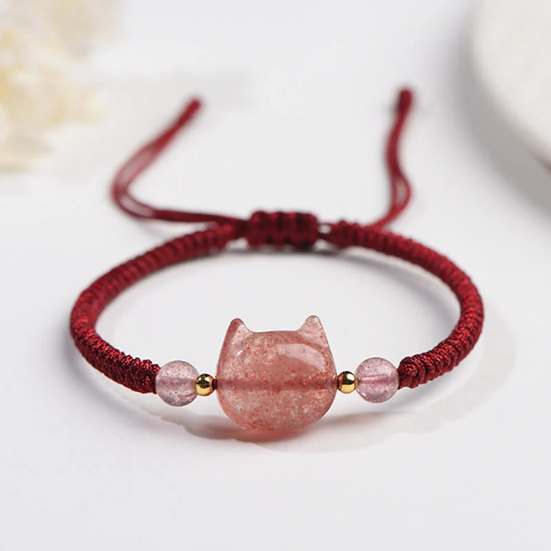 Braccialetto intrecciato con protezione per gatti carino, in ossidiana lucida d'argento naturale fatto a mano, al quarzo fragola, Buddha Stones - Image 13