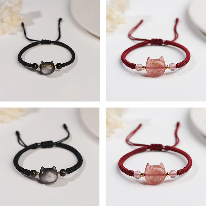 Braccialetto intrecciato con protezione per gatti carino, in ossidiana lucida d'argento naturale fatto a mano, al quarzo fragola, Buddha Stones - Image 14