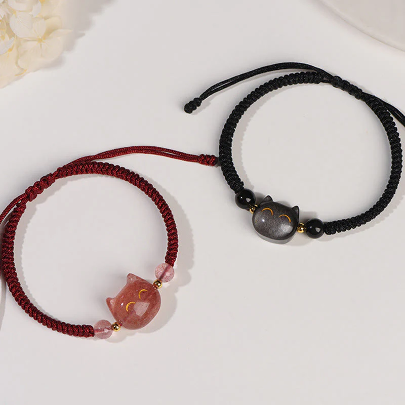 Braccialetto intrecciato con protezione per gatti carino, in ossidiana lucida d'argento naturale fatto a mano, al quarzo fragola, Buddha Stones - Image 2