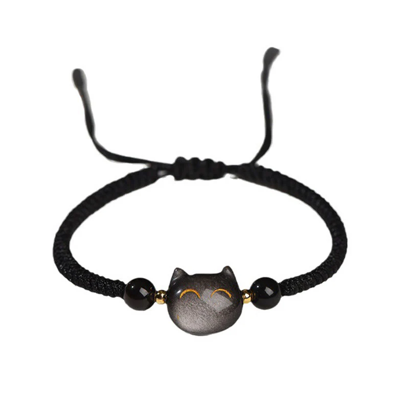 Braccialetto intrecciato con protezione per gatti carino, in ossidiana lucida d'argento naturale fatto a mano, al quarzo fragola, Buddha Stones - Image 5