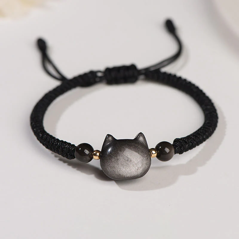 Braccialetto intrecciato con protezione per gatti carino, in ossidiana lucida d'argento naturale fatto a mano, al quarzo fragola, Buddha Stones - Image 6