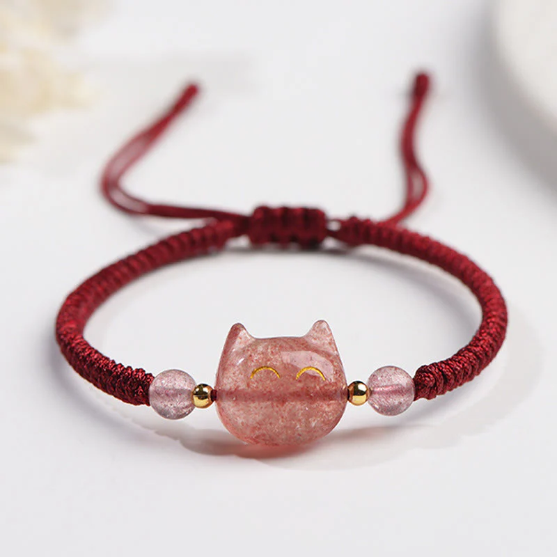Braccialetto intrecciato con protezione per gatti carino, in ossidiana lucida d'argento naturale fatto a mano, al quarzo fragola, Buddha Stones - Image 8