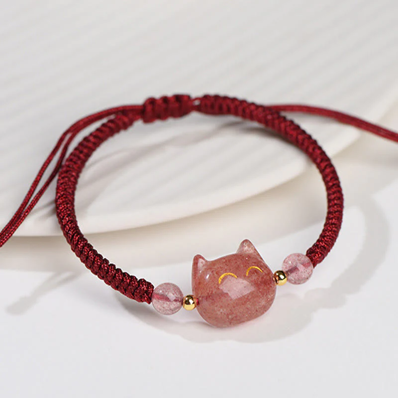 Braccialetto intrecciato con protezione per gatti carino, in ossidiana lucida d'argento naturale fatto a mano, al quarzo fragola, Buddha Stones - Image 9