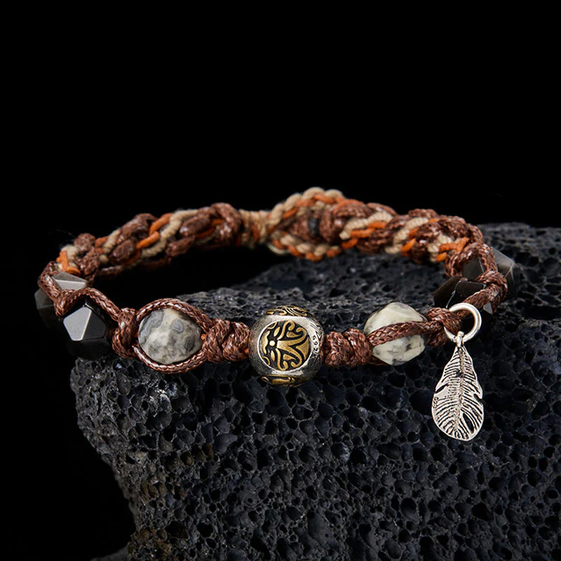 Braccialetto intrecciato fatto a mano in corda di trasporto con Buddha Stones , in argento sterling 925, lucentezza argentata e ossidiana