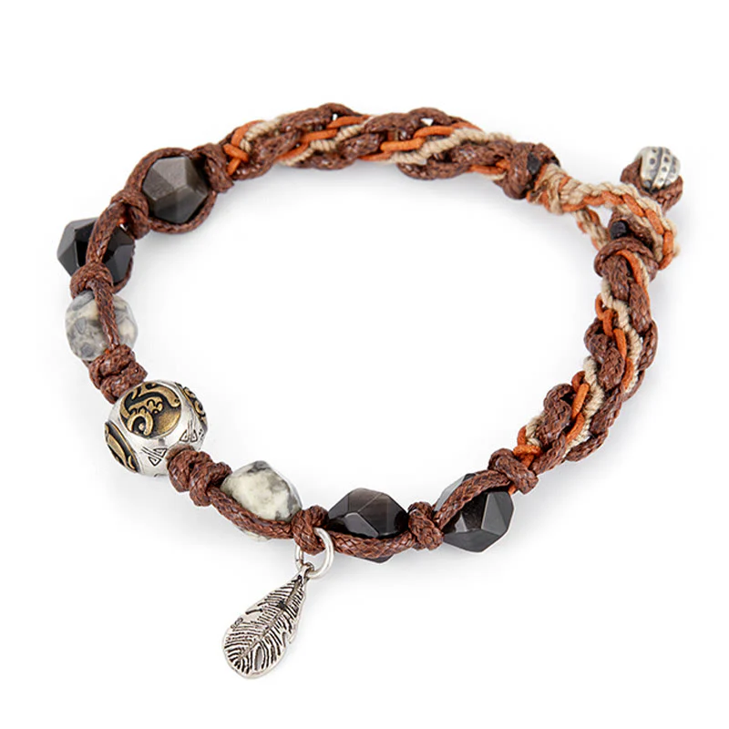 Braccialetto intrecciato fatto a mano in corda di trasporto con Buddha Stones , in argento sterling 925, lucentezza argentata e ossidiana - Image 11