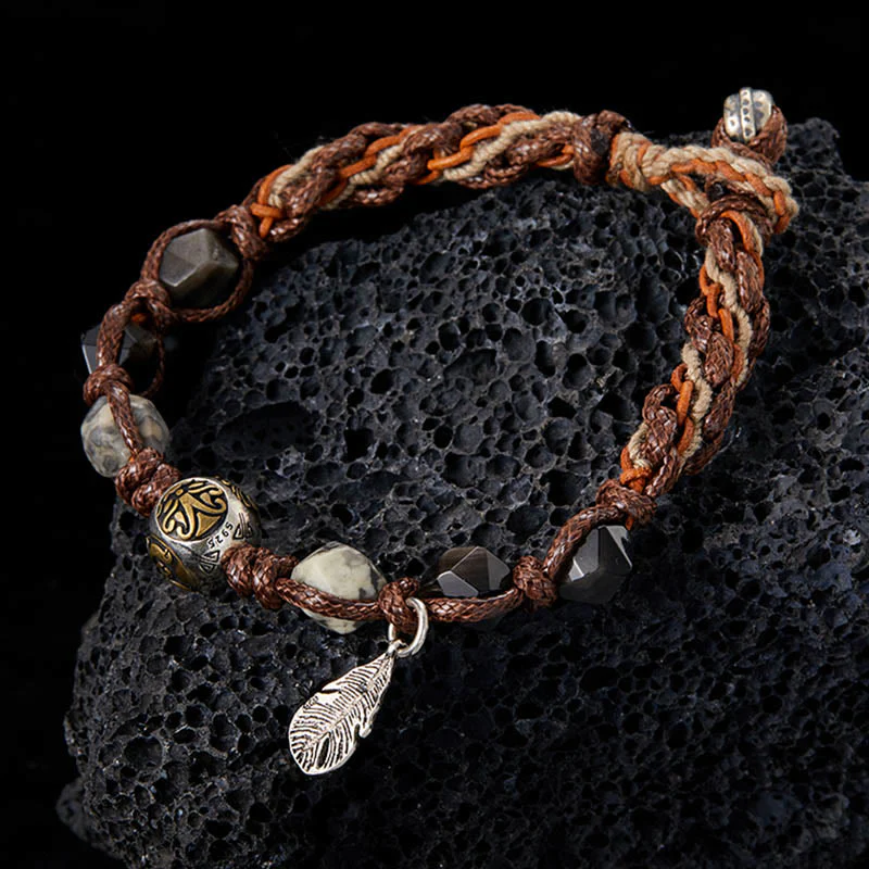 Braccialetto intrecciato fatto a mano in corda di trasporto con Buddha Stones , in argento sterling 925, lucentezza argentata e ossidiana - Image 2