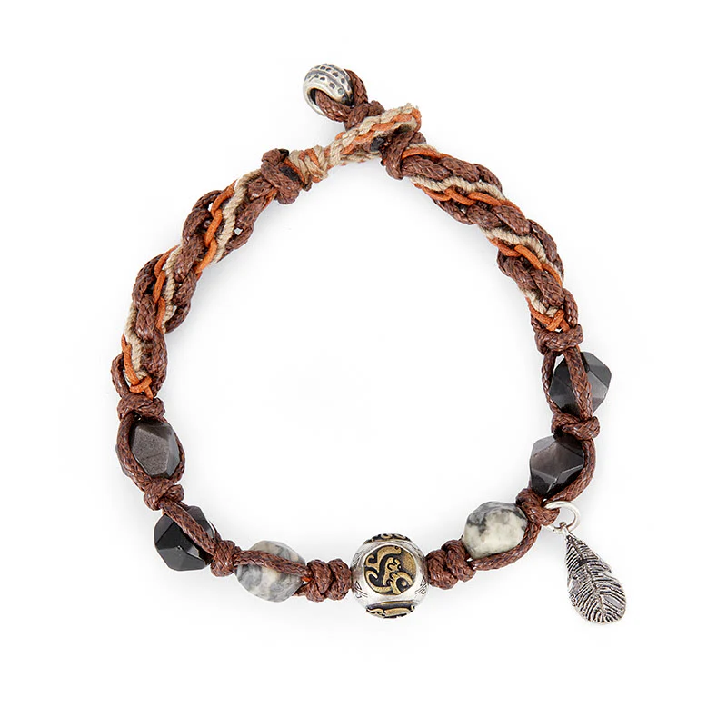 Braccialetto intrecciato fatto a mano in corda di trasporto con Buddha Stones , in argento sterling 925, lucentezza argentata e ossidiana - Image 3