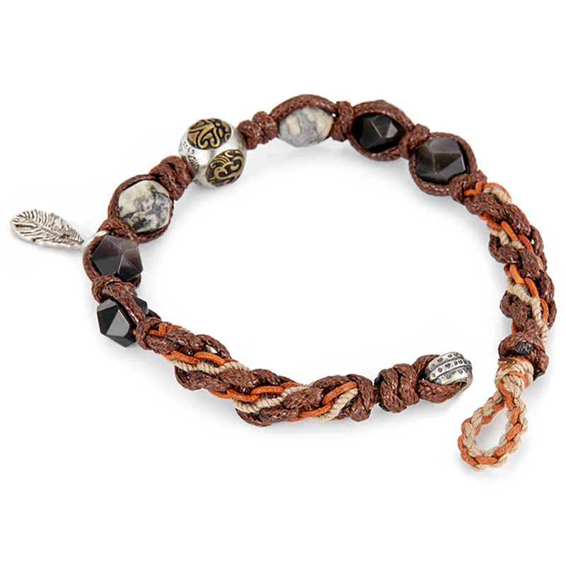 Braccialetto intrecciato fatto a mano in corda di trasporto con Buddha Stones , in argento sterling 925, lucentezza argentata e ossidiana - Image 4