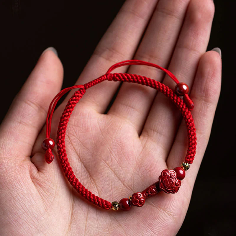 Braccialetto intrecciato in corda rossa con carattere Fu PiXiu, fatto a mano, in cinabro con manico Ruyi Buddha Stones - Image 10