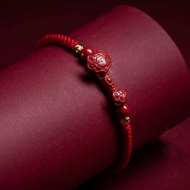 Braccialetto intrecciato in corda rossa con carattere Fu PiXiu, fatto a mano, in cinabro con manico Ruyi Buddha Stones - Image 15
