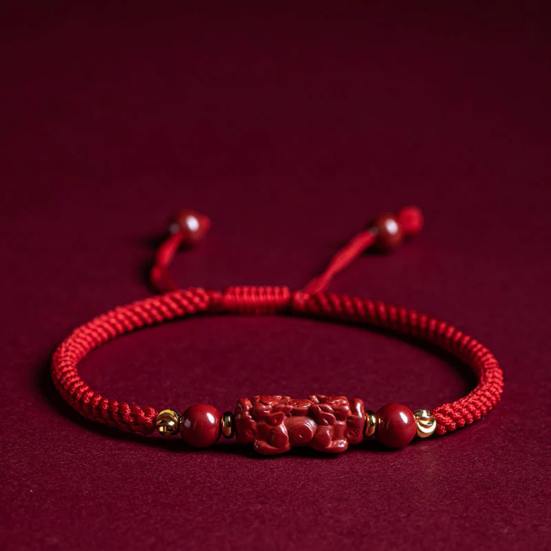 Braccialetto intrecciato in corda rossa con carattere Fu PiXiu, fatto a mano, in cinabro con manico Ruyi Buddha Stones - Image 16
