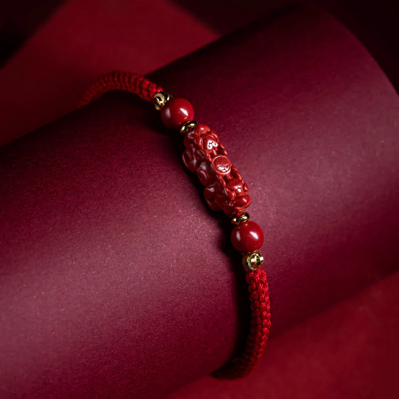 Braccialetto intrecciato in corda rossa con carattere Fu PiXiu, fatto a mano, in cinabro con manico Ruyi Buddha Stones - Image 17