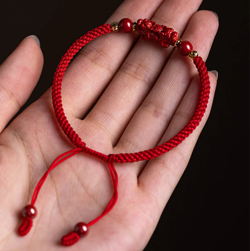 Braccialetto intrecciato in corda rossa con carattere Fu PiXiu, fatto a mano, in cinabro con manico Ruyi Buddha Stones - Image 18