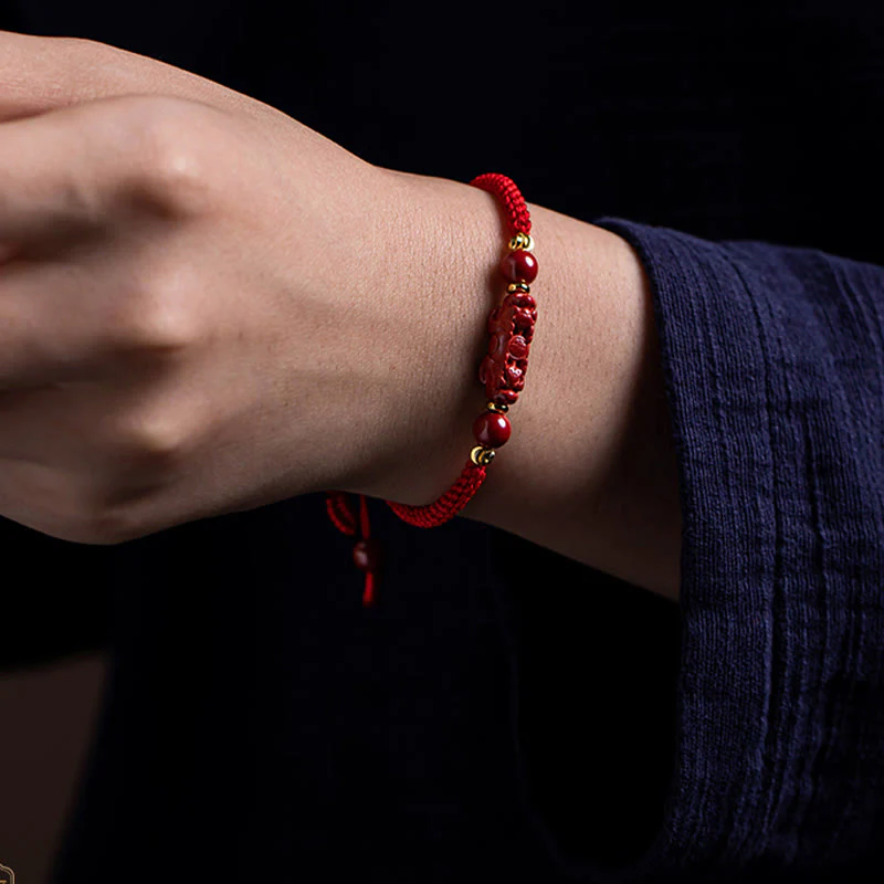 Braccialetto intrecciato in corda rossa con carattere Fu PiXiu, fatto a mano, in cinabro con manico Ruyi Buddha Stones - Image 19
