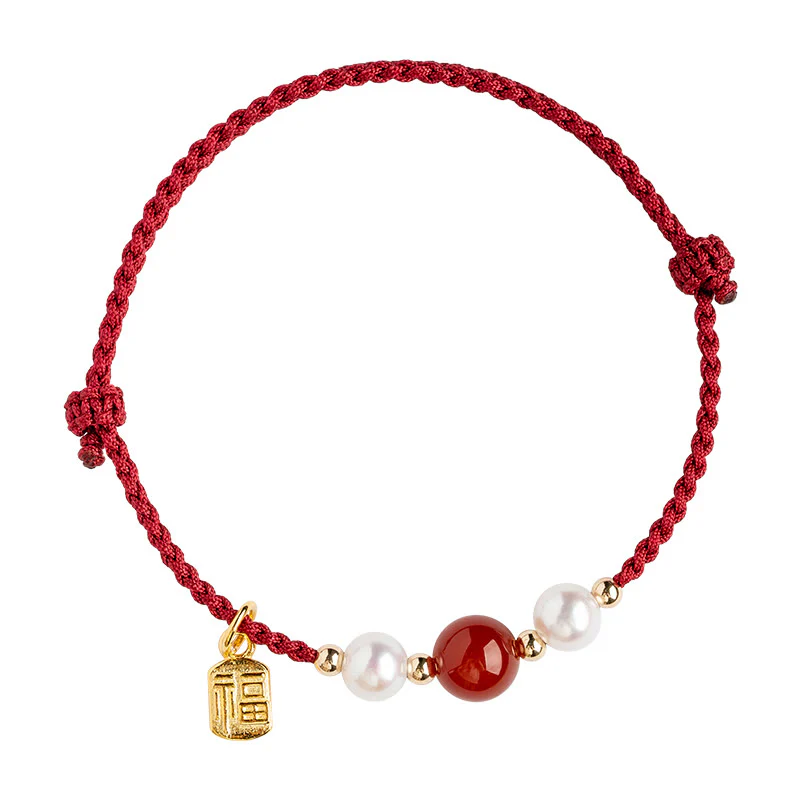 Braccialetto intrecciato in corda rossa con perle di agata e carattere Fu in argento sterling 925 con pietre Buddha Stones - Image 10