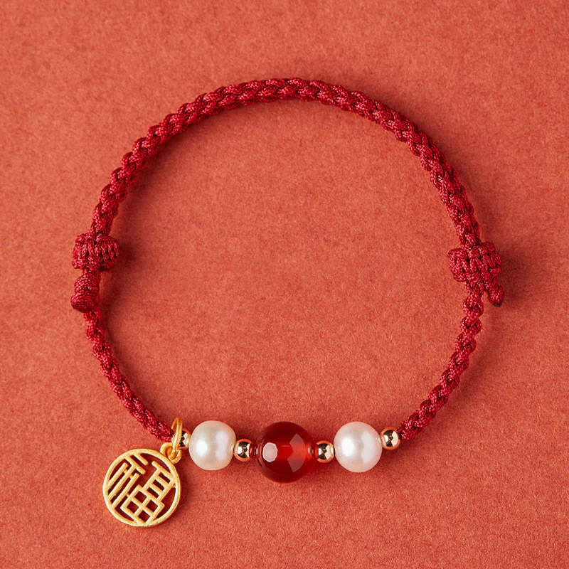 Braccialetto intrecciato in corda rossa con perle di agata e carattere Fu in argento sterling 925 con pietre Buddha Stones - Image 11