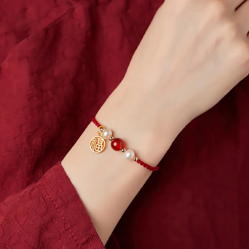 Braccialetto intrecciato in corda rossa con perle di agata e carattere Fu in argento sterling 925 con pietre Buddha Stones - Image 12