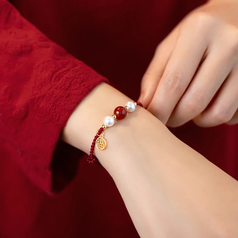Braccialetto intrecciato in corda rossa con perle di agata e carattere Fu in argento sterling 925 con pietre Buddha Stones - Image 13
