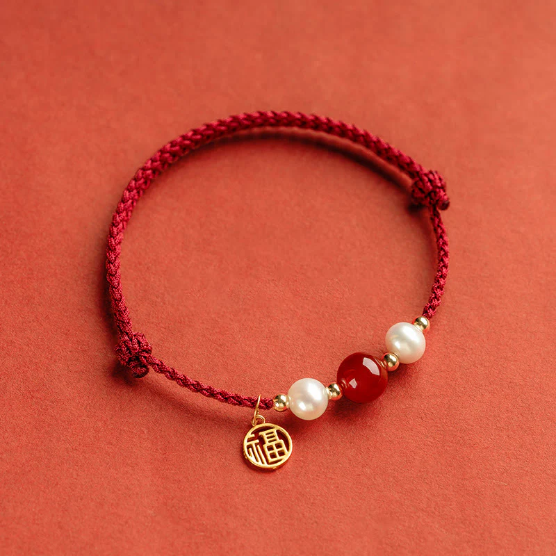 Braccialetto intrecciato in corda rossa con perle di agata e carattere Fu in argento sterling 925 con pietre Buddha Stones - Image 16