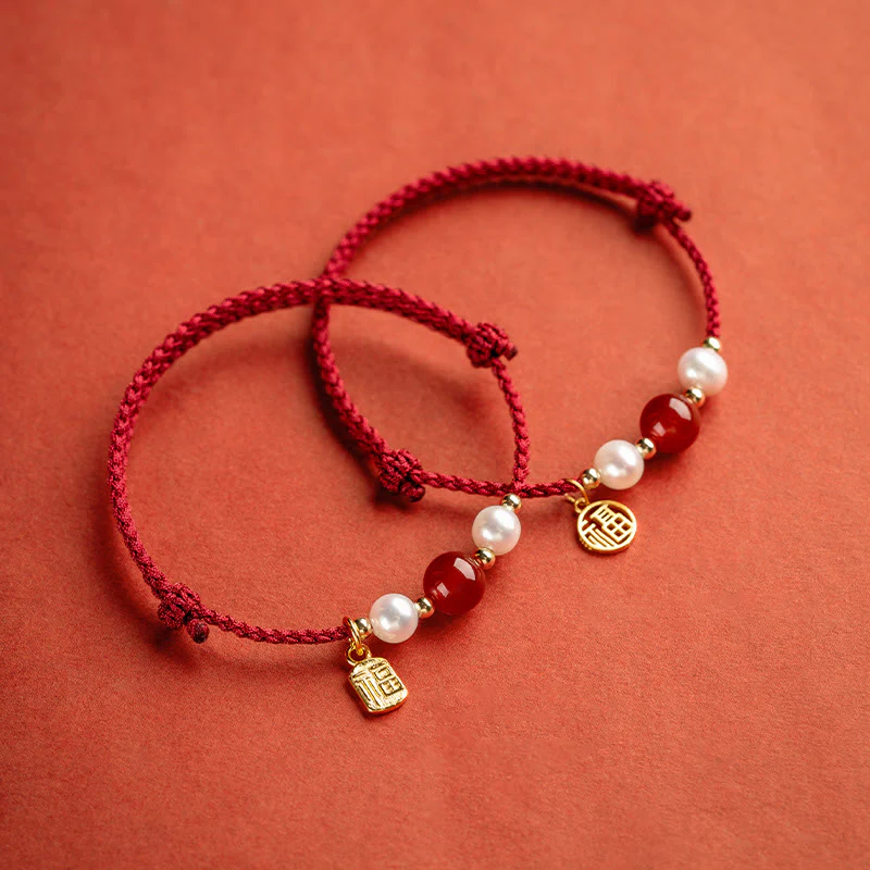 Braccialetto intrecciato in corda rossa con perle di agata e carattere Fu in argento sterling 925 con pietre Buddha Stones - Image 2