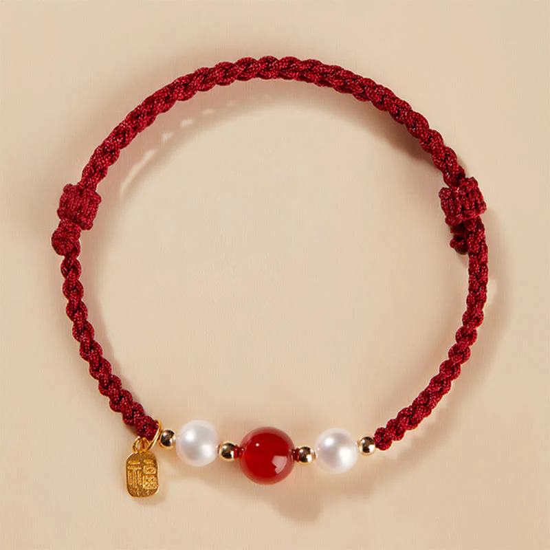 Braccialetto intrecciato in corda rossa con perle di agata e carattere Fu in argento sterling 925 con pietre Buddha Stones - Image 3