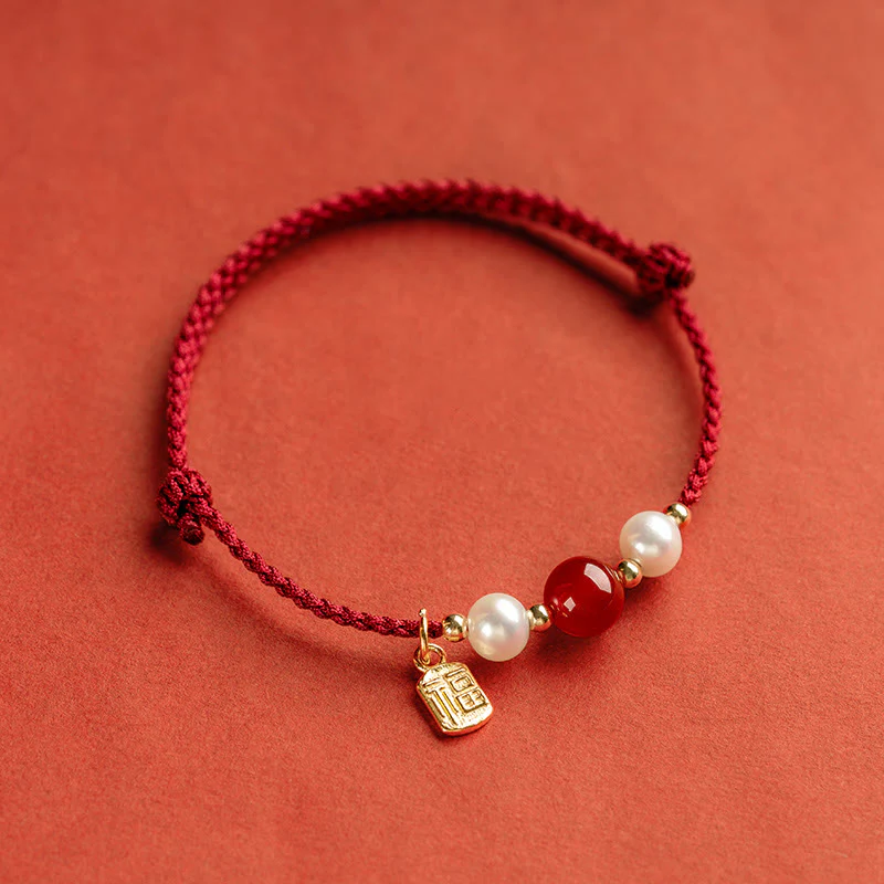 Braccialetto intrecciato in corda rossa con perle di agata e carattere Fu in argento sterling 925 con pietre Buddha Stones - Image 4