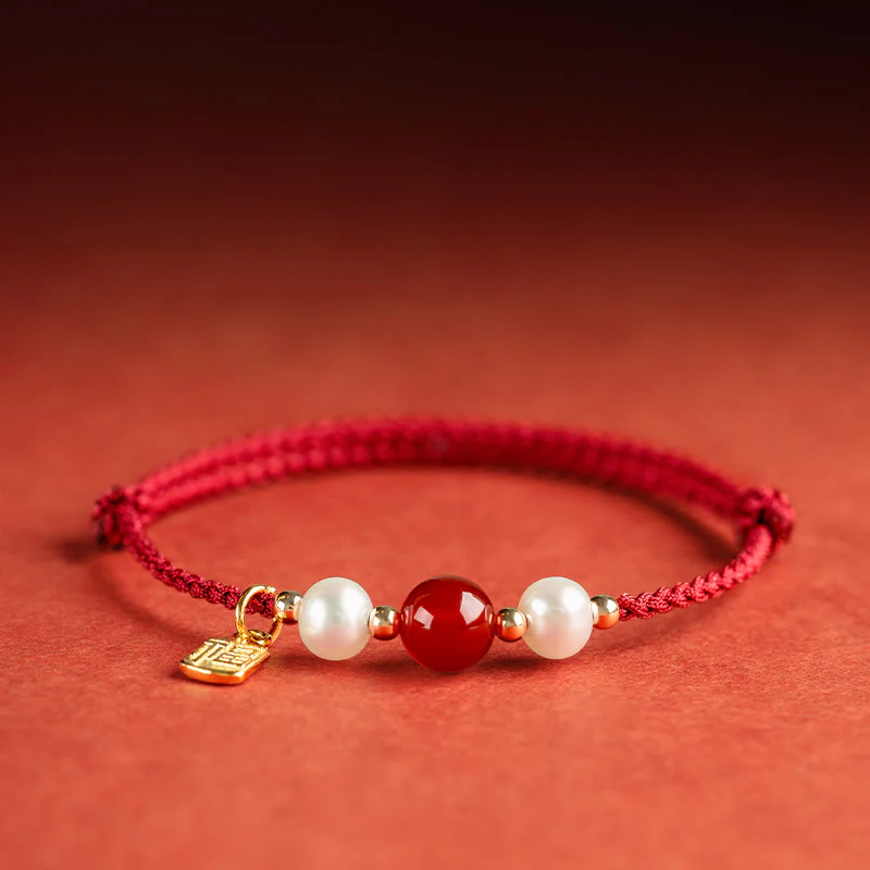 Braccialetto intrecciato in corda rossa con perle di agata e carattere Fu in argento sterling 925 con pietre Buddha Stones - Image 8