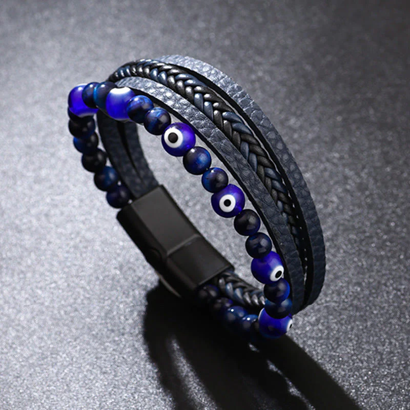 Braccialetto intrecciato multistrato con perline e protezione dell'occhio di tigre Buddha Stones e occhio maligno