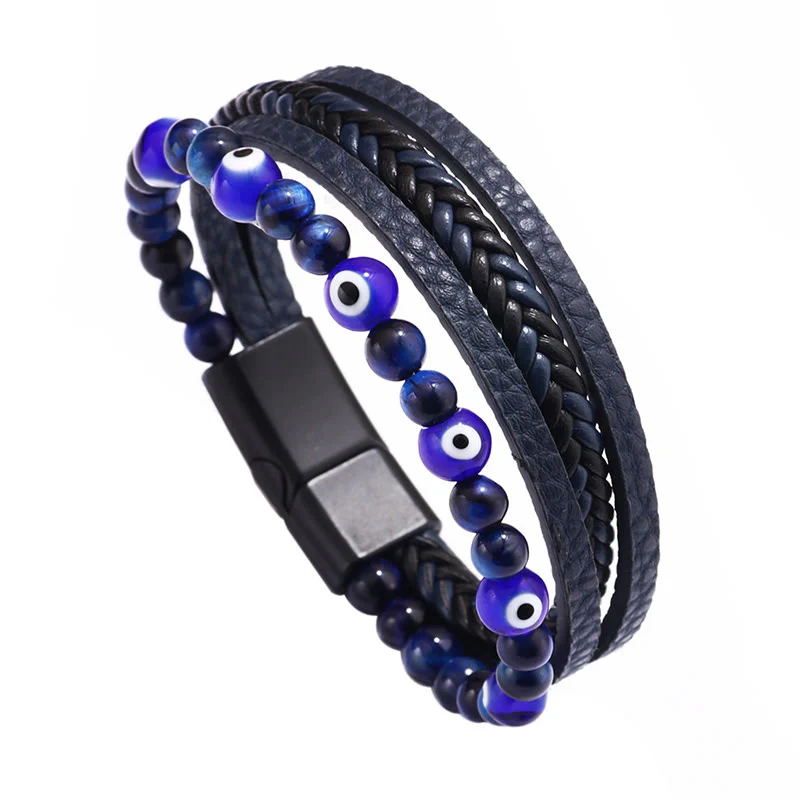 Braccialetto intrecciato multistrato con perline e protezione dell'occhio di tigre Buddha Stones e occhio maligno - Image 3