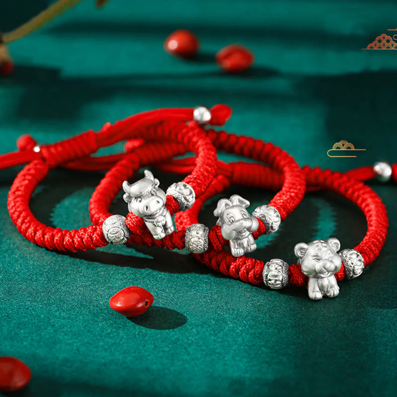 Braccialetto per bambini fatto a mano in corda rossa con Buddha Stones, in argento sterling 999, con zodiaco cinese - Image 2