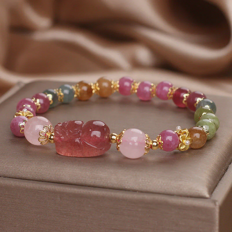 Braccialetto PIXIU Love in cristallo rosa, quarzo fragola, tormalina Buddha Stones - Image 16
