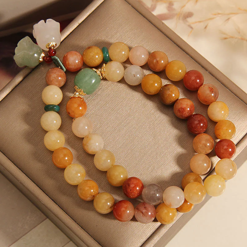 Braccialetto portafortuna a doppio strato con campanella e orchidea in seta dorata naturale del Tibet, Buddha Stones - Image 6
