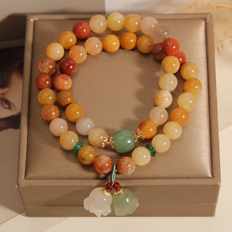 Braccialetto portafortuna a doppio strato con campanella e orchidea in seta dorata naturale del Tibet, Buddha Stones - Image 7