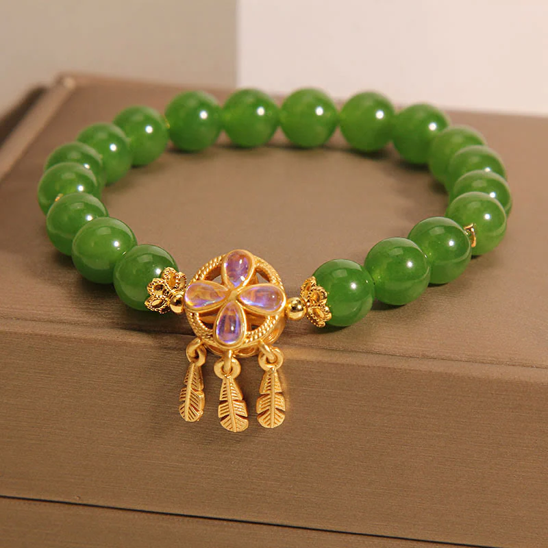 Braccialetto portafortuna con acchiappasogni in giada verde Buddha Stones e quadrifoglio - Image 2