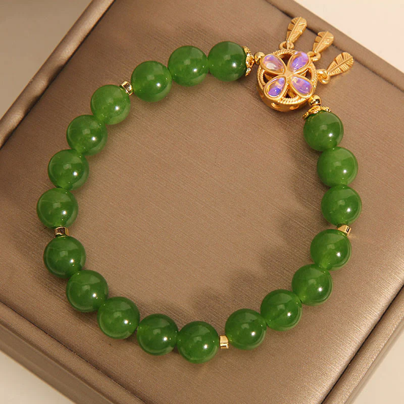 Braccialetto portafortuna con acchiappasogni in giada verde Buddha Stones e quadrifoglio - Image 4