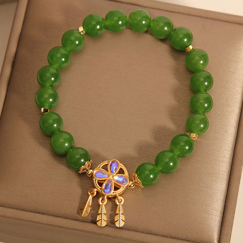 Braccialetto portafortuna con acchiappasogni in giada verde Buddha Stones e quadrifoglio - Image 5
