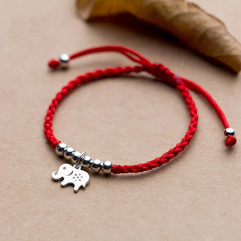 Braccialetto portafortuna con Buddha Stones in argento sterling 925, fiocco di neve e elefante, corda rossa