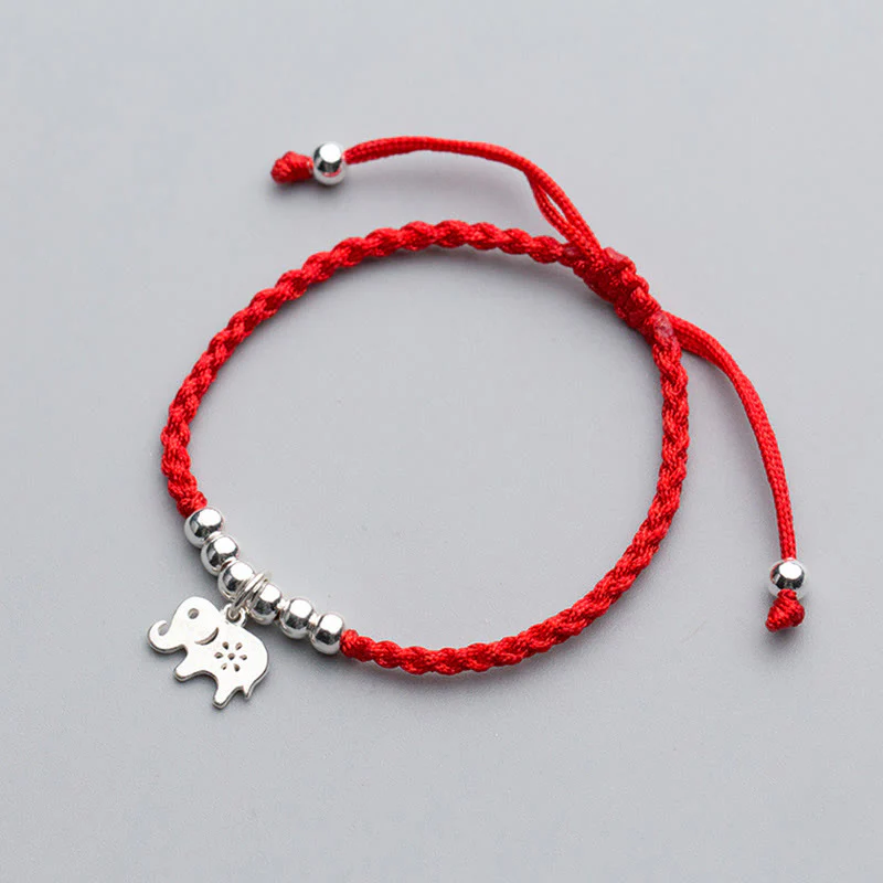 Braccialetto portafortuna con Buddha Stones in argento sterling 925, fiocco di neve e elefante, corda rossa - Image 2