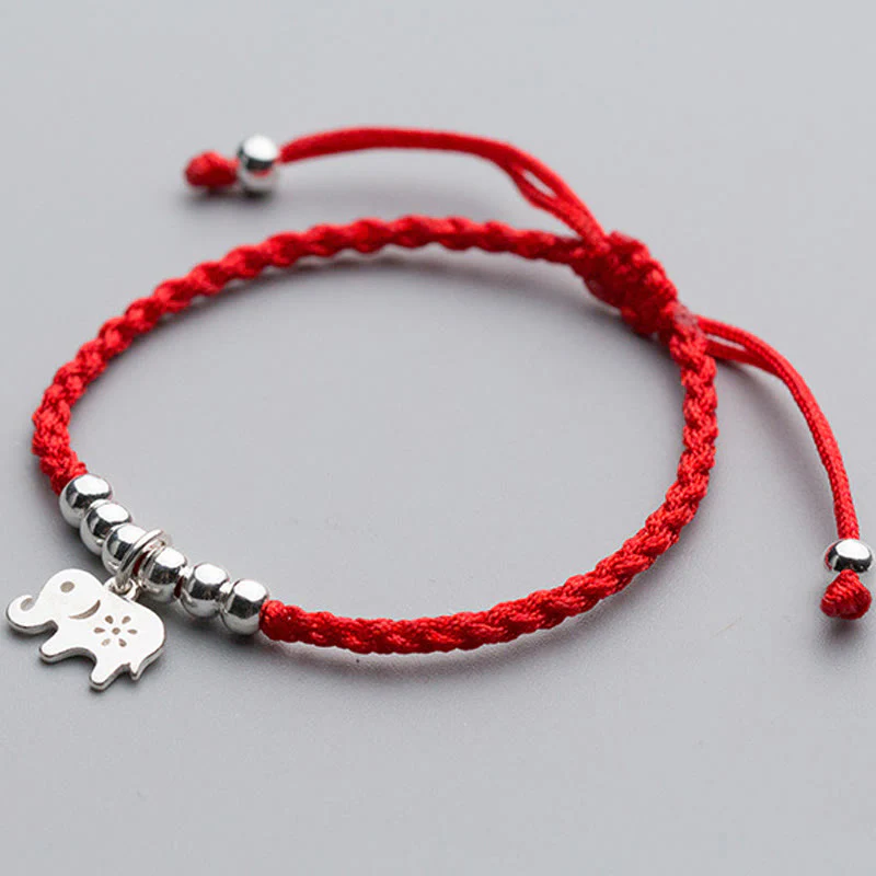 Braccialetto portafortuna con Buddha Stones in argento sterling 925, fiocco di neve e elefante, corda rossa - Image 3