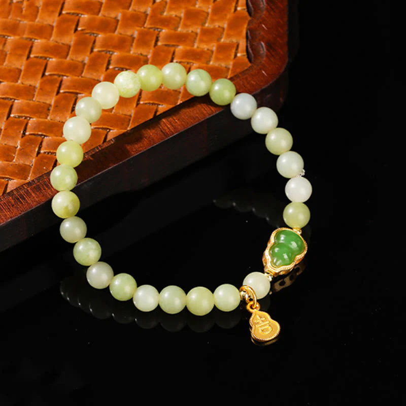 Braccialetto portafortuna con carattere Fu, giada naturale, avventurina verde e zucca Buddha Stones