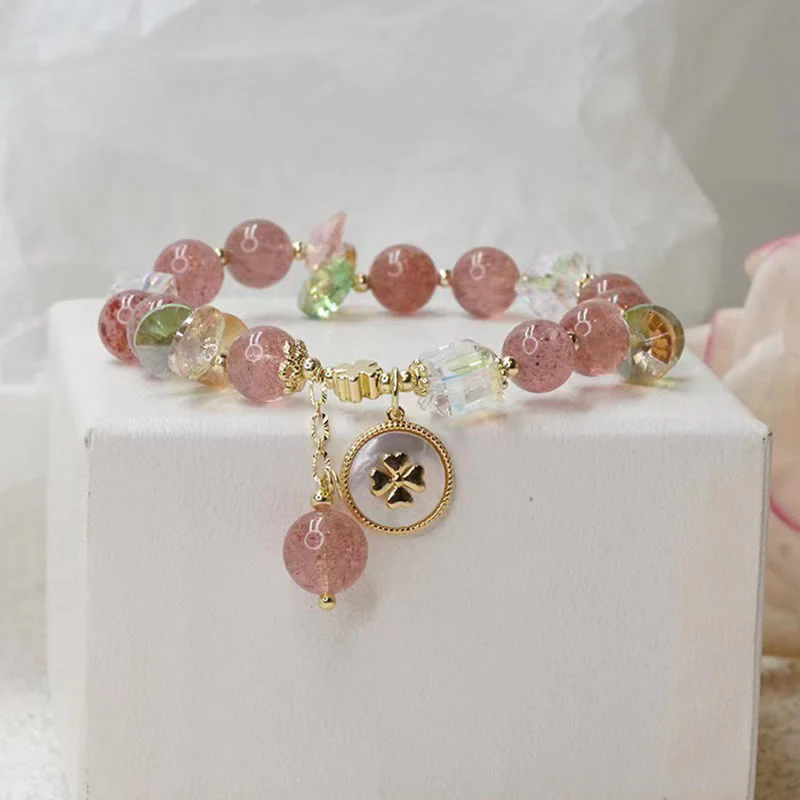 Braccialetto portafortuna con ciondolo curativo a forma di quadrifoglio fortunato in quarzo fragola Buddha Stones - Image 9
