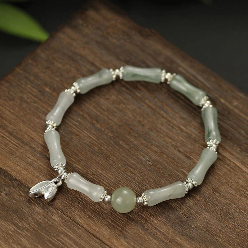 Braccialetto portafortuna con ciondolo in bambù e giada naturale Tianshan in argento sterling 925 Buddha Stones