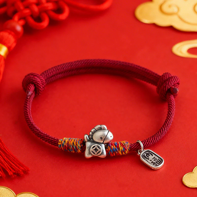 Braccialetto portafortuna con corda e corda in argento sterling 999 Buddha Stones e carattere Fu dell'anno del cavallo