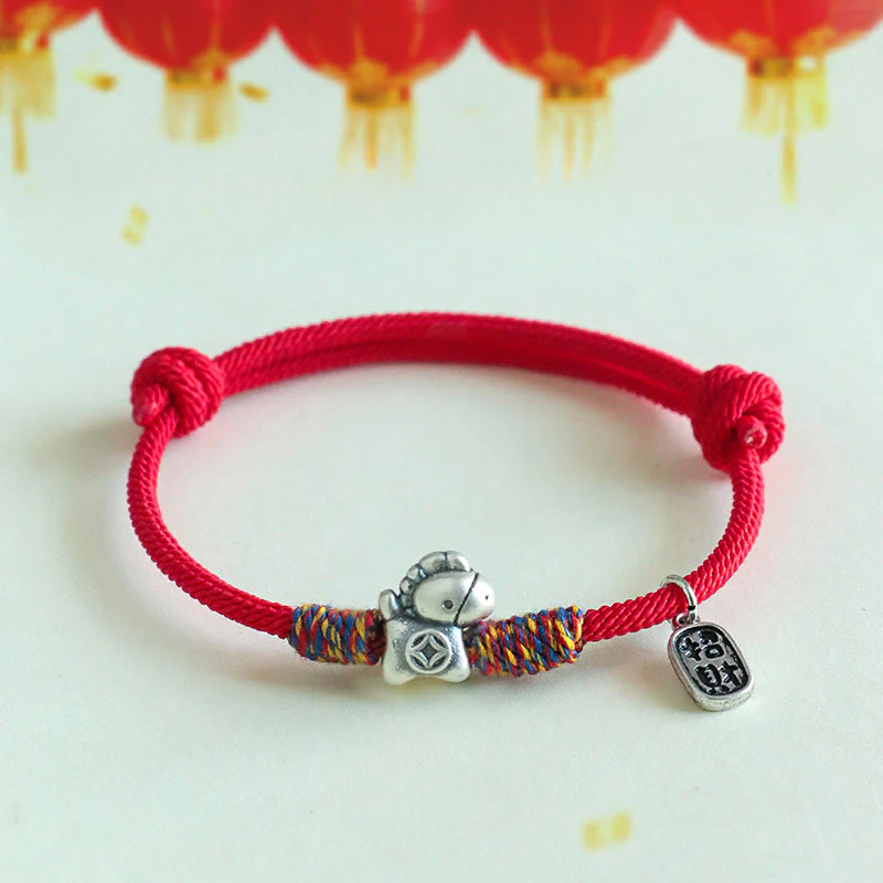 Braccialetto portafortuna con corda e corda in argento sterling 999 Buddha Stones e carattere Fu dell'anno del cavallo - Image 10