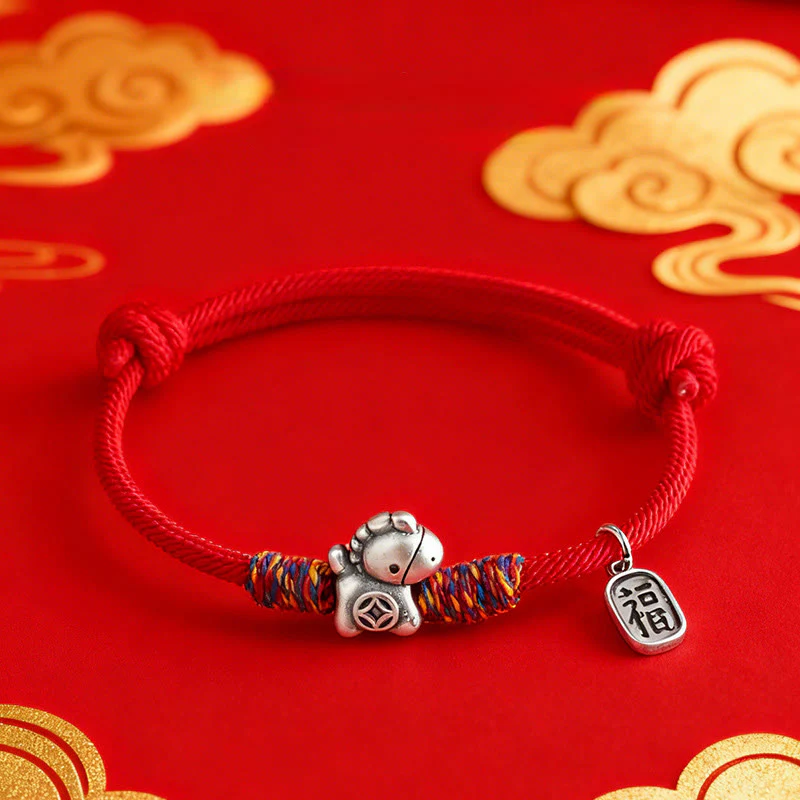 Braccialetto portafortuna con corda e corda in argento sterling 999 Buddha Stones e carattere Fu dell'anno del cavallo - Image 11